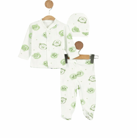 Costumase - Set nou nascut, 3 piese, ursuleti, Verde, 0-3 luni