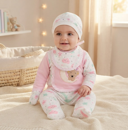 Costumase - Set nou-născut 5 piese din bumbac - bluziță petrecută, pantaloni, căciuliță, botoșei și bavețică, 0-3 luni, Roz