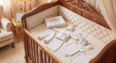 Trusou botez - Set Nou-Născut Premium, Pentru maternitate, 10 Piese din Bumbac cu Păturică, Regal, Alb