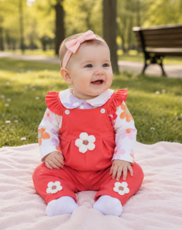Haine bebe fetite - Set Salopetă Coral cu Bluziță Florală pentru Fetițe