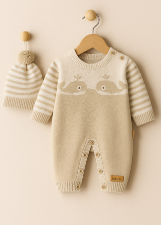 Salopete - Set salopeta cu caciula, tricotate, bej