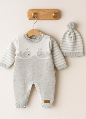 Costumase toamna-iarna - Set salopeta cu caciula, tricotate, Gri