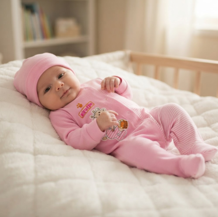 Haine bebe fetite - Set Salopetă pentru Bebeluși cu Căciuliță din Bumbac, Roz