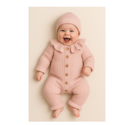 Salopete - Set salopeta si caciula, tricotate, cu guleras dantelat