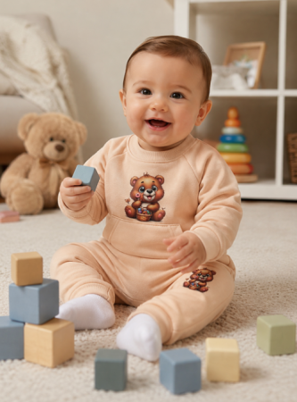 Costumase toamna-iarna - Set trening bebe 2 piese - Bluza și pantaloni cu imprimeu ursuleț, Roz