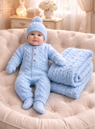 Costum botez - Set tricotat bebeluși 0–3 luni , salopetă, căciuliță, botoșei și păturică, Albastru