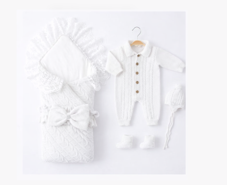 Trusou botez - Set tricotat pentru bebeluși, Portbebe, salopetă, căciuliță și botoșei, Alb, 0–3 luni, Colectie Lux