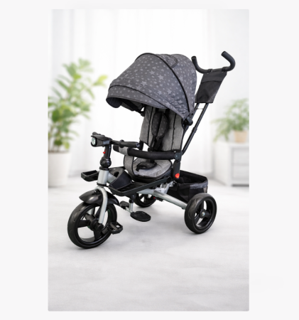 Triciclete - Tricicleta cu scaun reversibil Still, 6-36 luni, cu pozitie de somn, cadru aluminiu, roata plina, Gri cu stelute