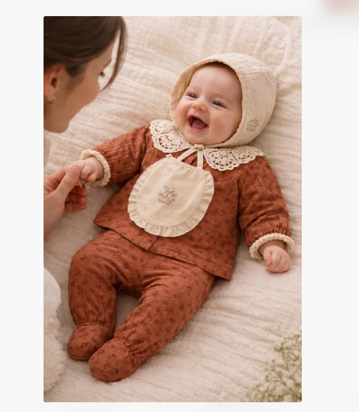 Set 5 piese, Nou născut Con con 0-3 Luni, Bumbac organic, Brodat stil Vintage, Rosu [1]