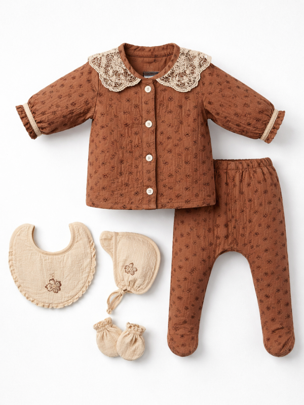 Set 5 piese, Nou născut Con con 0-3 Luni, Bumbac organic, Brodat stil Vintage, Rosu [2]