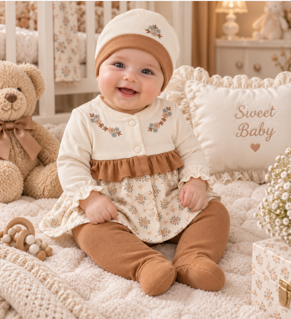 Set din bumbac organic pentru bebeluși - 5 piese, 0-3 luni, Flori brodate, bej vintage [3]