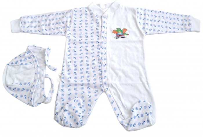 Salopetă cu căciuliță  – Alb cu Imprimeu Bleu [1]