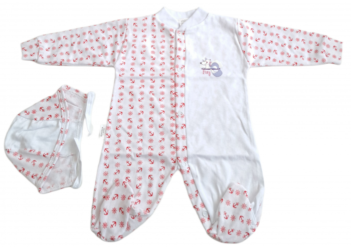 Salopetă cu căciuliță  – Alb cu Imprimeu Roșu [1]