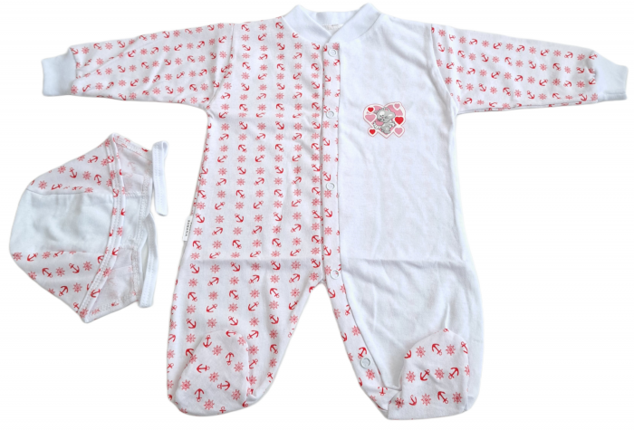 Salopetă cu căciuliță  – Alb cu Imprimeu Roșu [1]