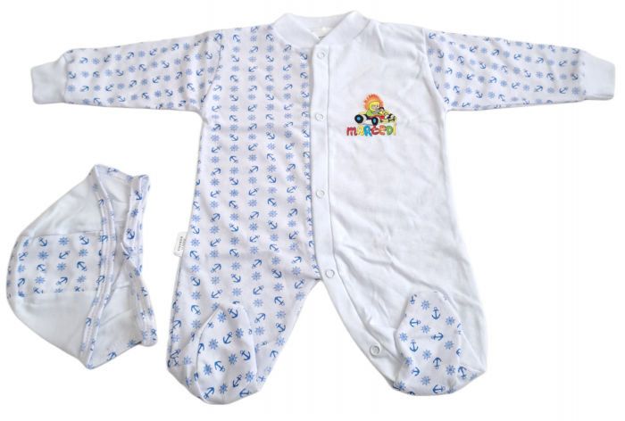 Salopetă cu căciuliță  – Alb cu Imprimeu Bleu [1]