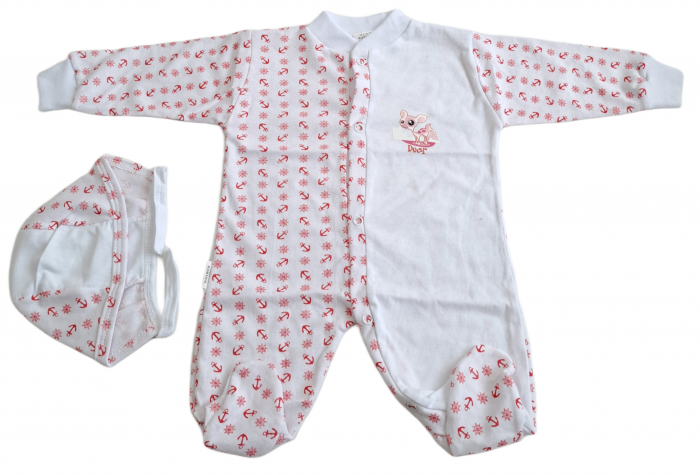 Salopetă cu căciuliță  – Alb cu Imprimeu Roșu [1]