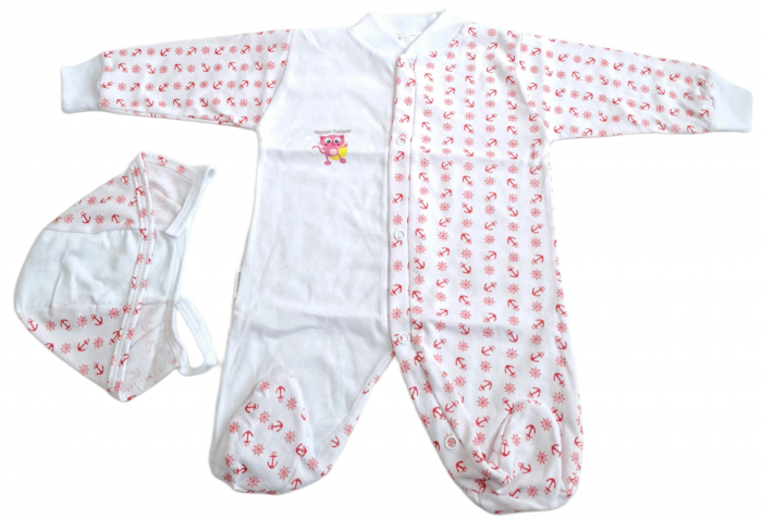 Salopetă cu căciuliță  – Alb cu Imprimeu Roșu [1]