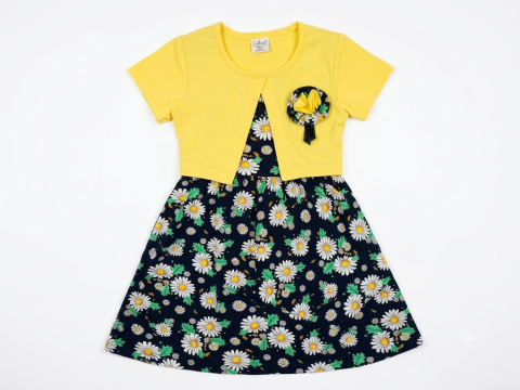 Veste - Rochie fetițe cu bolero integrat, din bumbac - Galben / Margarete, Bumbac