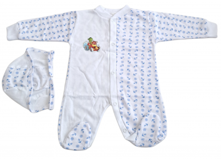 Salopete / Veste - Salopetă cu căciuliță  – Alb cu Imprimeu Bleu