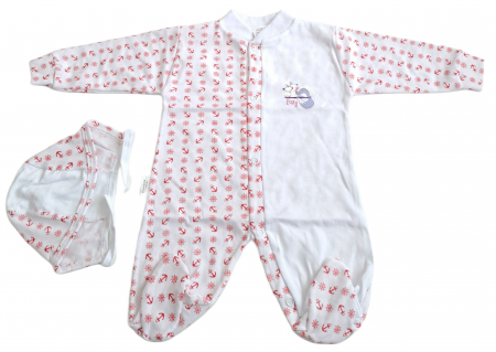 Salopete / Veste - Salopetă cu căciuliță  – Alb cu Imprimeu Roșu