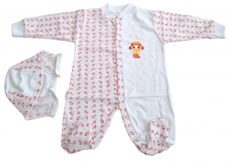 Salopete / Veste - Salopetă cu căciuliță  – Alb cu Imprimeu Roșu