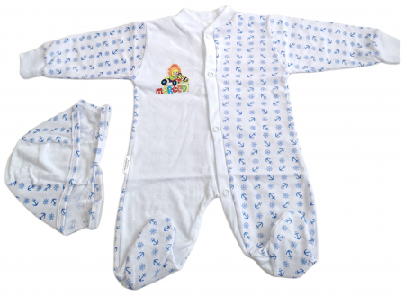 Salopete / Veste - Salopetă cu căciuliță  – Alb cu Imprimeu Bleu