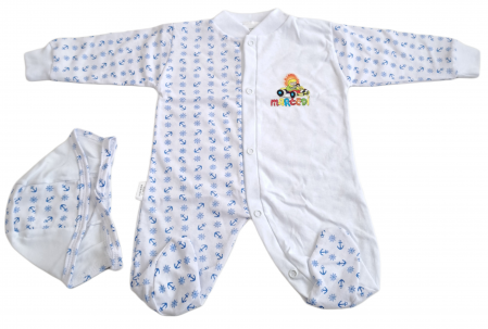 Salopete / Veste - Salopetă cu căciuliță  – Alb cu Imprimeu Bleu