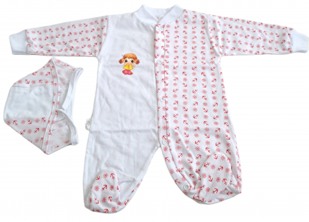 Salopete / Veste - Salopetă cu căciuliță  – Alb cu Imprimeu Roșu