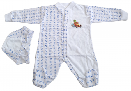 Salopete / Veste - Salopetă cu căciuliță  – Alb cu Imprimeu Bleu