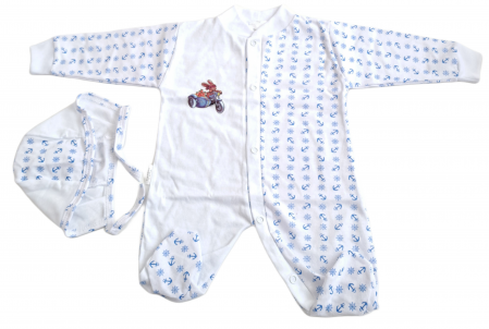 Hainute 0 - 1 an - Salopetă cu căciuliță  – Alb cu Imprimeu Bleu