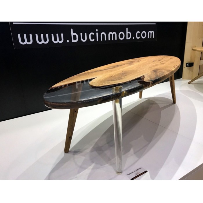 CLEAR SURF coffee table made of solid oak and resin wood 150x40 cm for living room natural color [5]