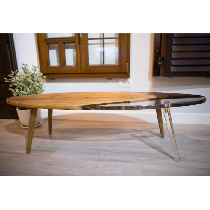 CLEAR SURF coffee table made of solid oak and resin wood 150x40 cm for living room natural color [6]