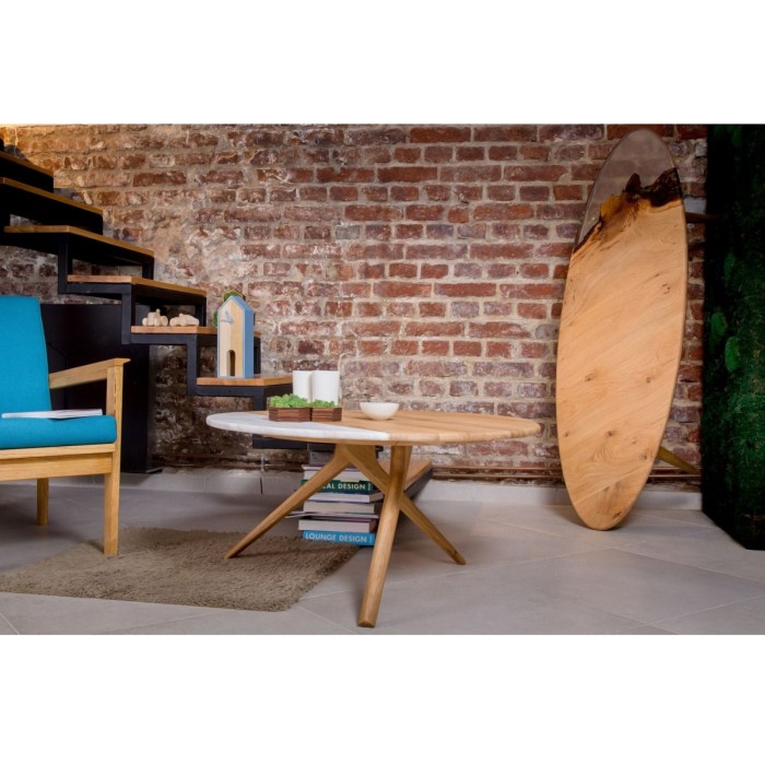 Masuta rotunda cafea EQUILIBRA din lemn masiv de stejar si marmura Ø90x45 cm culoare natur [4]