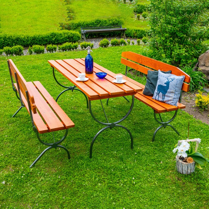 BAYERN set made of solid resinous wood 180x60 cm for garden or terrace a table and two benches cherry color [4]