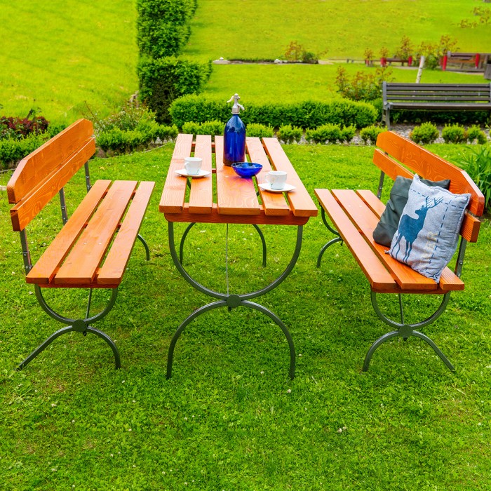 BAYERN set made of solid resinous wood 180x60 cm for garden or terrace a table and two benches cherry color [5]