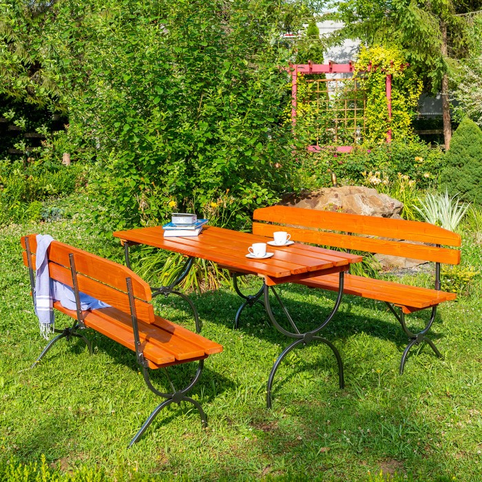 BAYERN set made of solid resinous wood 180x60 cm for garden or terrace a table and two benches cherry color [6]