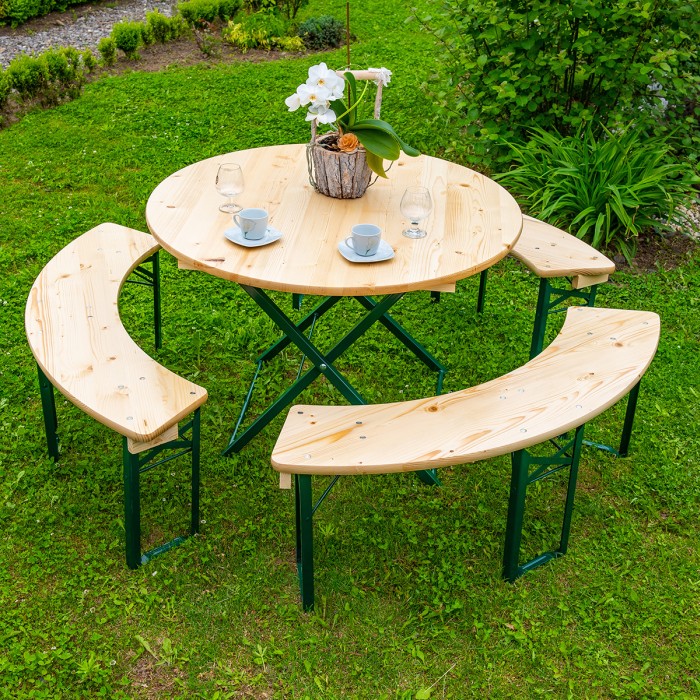ARTHUR Solid Pine Wood Garden Set Ø110x72 cm for Garden or Patio One Table and Three Benches Natural Color [3]