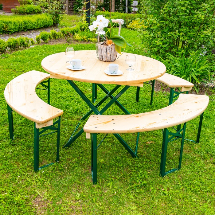 ARTHUR Solid Pine Wood Garden Set Ø110x72 cm for Garden or Patio One Table and Three Benches Natural Color [4]