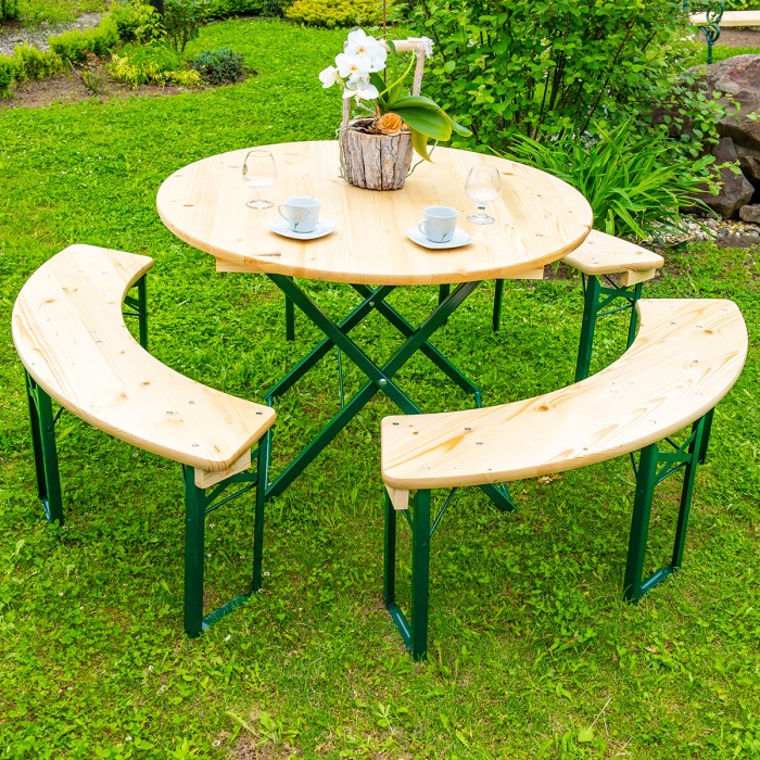 ARTHUR Solid Pine Wood Garden Set Ø110x72 cm for Garden or Patio One Table and Three Benches Natural Color [2]