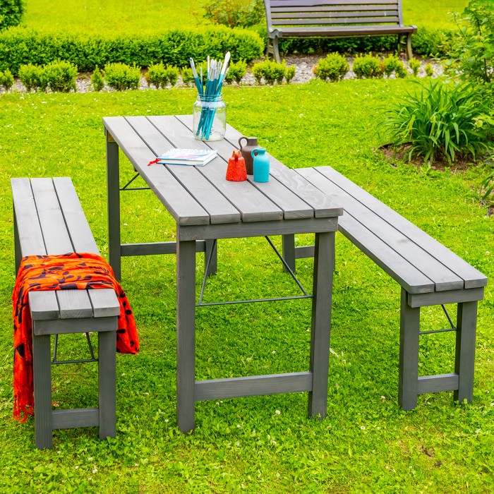 Set berarie KLAPPBAR din lemn masiv de rasinos 160x50 cm pentru gradina sau terasa o masa si doua banci culoare gri [2]