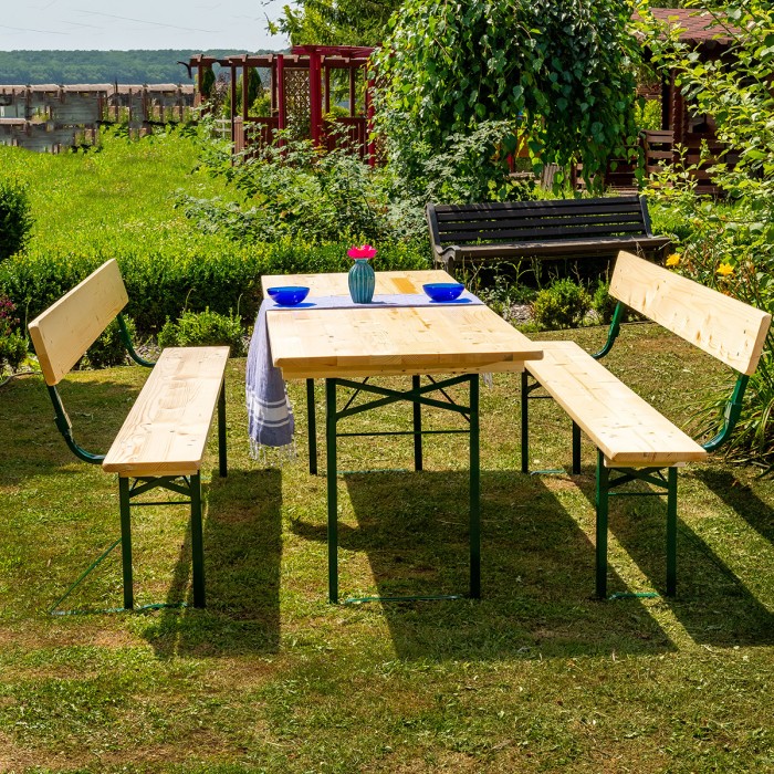 STANDARD brewery set with a backrest made of  solid resinous wood 220 cm for terrace or garden one table and two benches with backrest natural color [2]