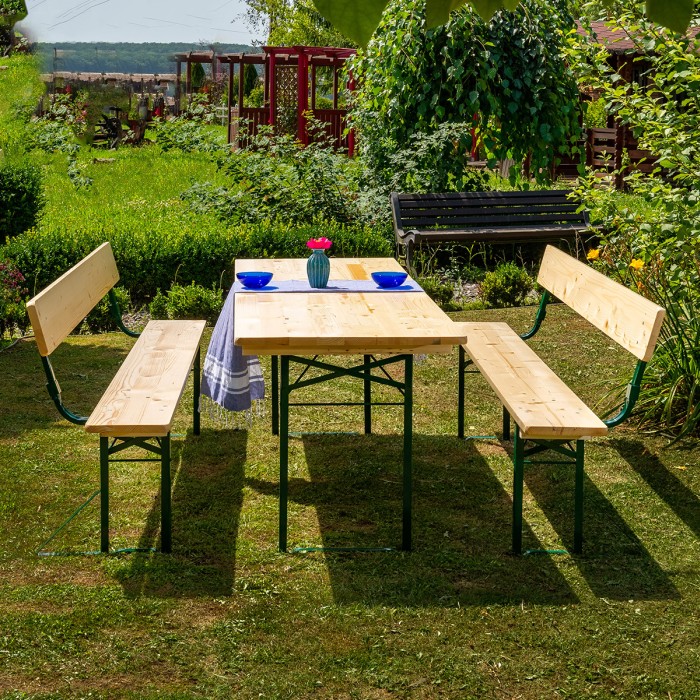STANDARD brewery set with a backrest made of  solid resinous wood 220 cm for terrace or garden one table and two benches with backrest natural color [5]