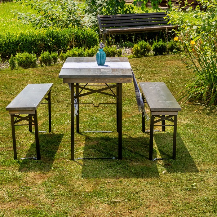 Set berarie TRAVEL din lemn masiv de rasinos 110 cm pentru gradina sau terasa o masa si doua banci  culoare gri [5]