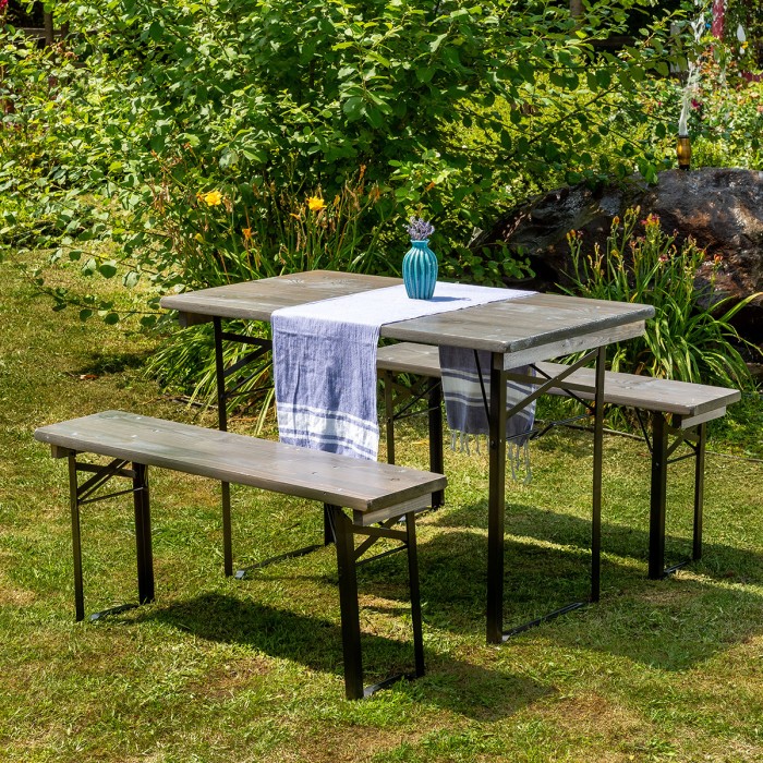 Set berarie TRAVEL din lemn masiv de rasinos 110 cm pentru gradina sau terasa o masa si doua banci  culoare gri [3]