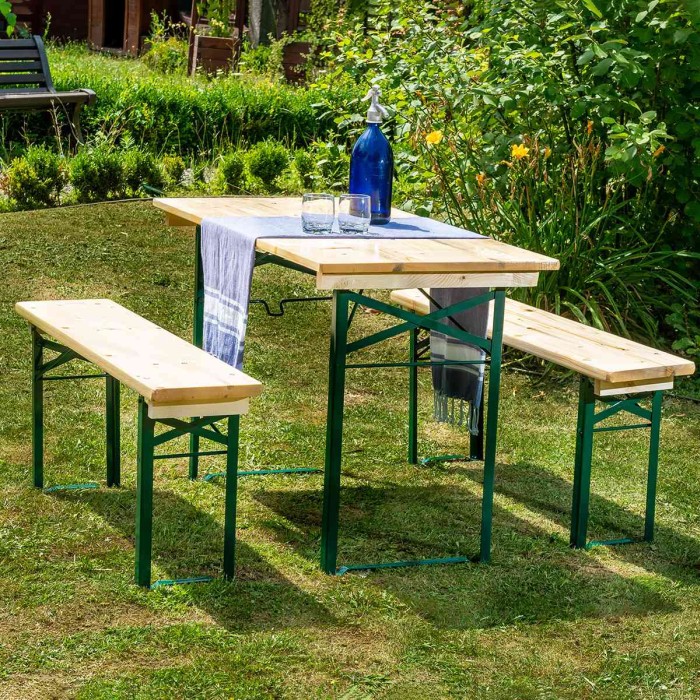Set berarie TRAVEL din lemn masiv de rasinos 110 cm x 50 cm pentru gradina sau terasa o masa si doua banci culoare natur [3]