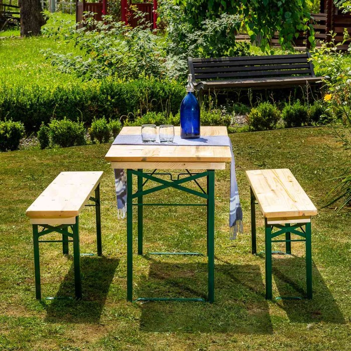 Set berarie TRAVEL din lemn masiv de rasinos 110 cm x 50 cm pentru gradina sau terasa o masa si doua banci culoare natur [4]