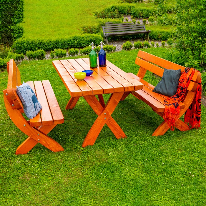 Set WIEN din lemn masiv de rasinos 180x80 cm pentru gradina sau terasa o masa si doua banci [3]
