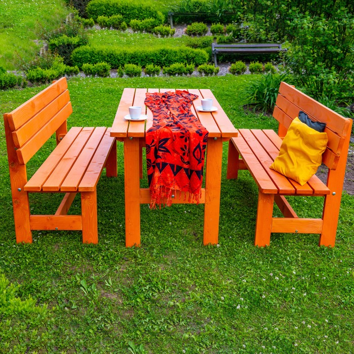 WIESBADEN Gartenmöbelset, Masse 150x70 cm, aus Nadelholz Massiv für Terrasse, Garten, 1 Tisch und 2 Bänke, Farbe Natur [3]
