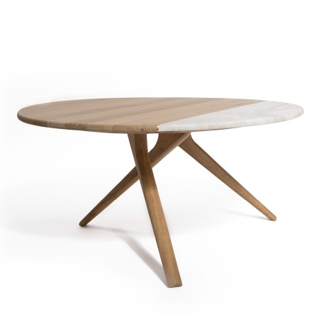 MASSIVHOLZMÖBEL für den Innenbereich - Kaffeetisch rund EQUILIBRA aus massivem Eichenholz und Marmor, Masse Ø90x45 cm, Farbe Natur