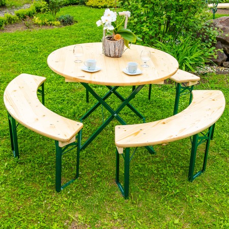 Set berarie ARTHUR din lemn masiv de rasinos Ø110x72 cm pentru gradina sau terasa o masa si trei banci culoare natur [1]
